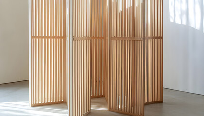 Light-colored wooden room divider with vertical panels and a grid pattern