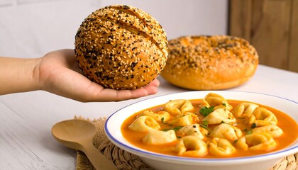 Hand holding a seeded roll with a bowl of tortellini soup.