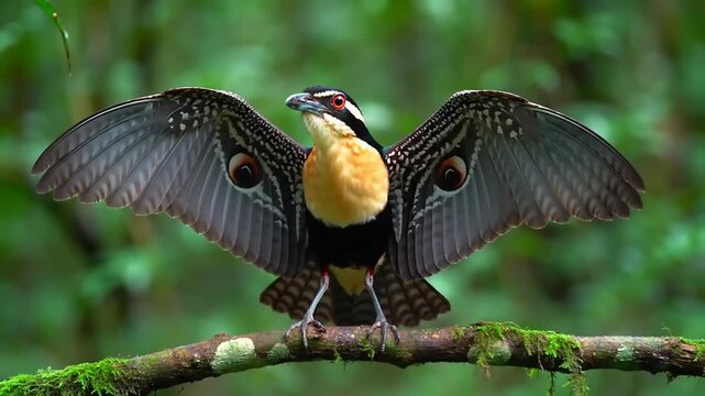 Bird with outstretched wings perched on a branch in a lush green forest
