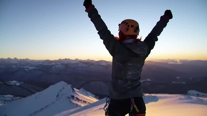Woman Climber Triumph Sunset Mountain Peak.
