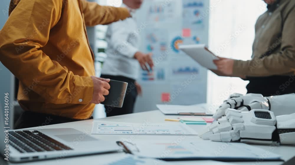 Poster business professionals analyzing market insights with the support of an ai assistant, emphasizing th