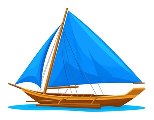 Fototapeta premium Cartoon wooden sailing boat with a blue sail