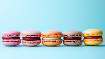 Obraz premium Colorful assortment of macarons on a pastel blue background in a delightful display of pastry art