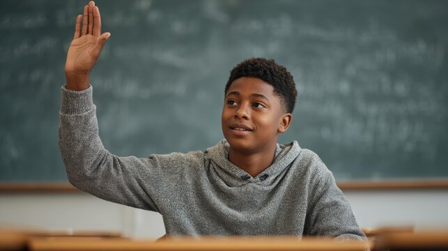 a young boy is raising his hand in a classroom