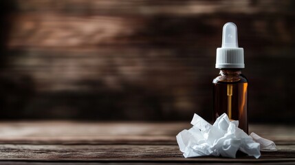 Nasal Spray Bottle and Crumpled Tissues — Cold Relief
