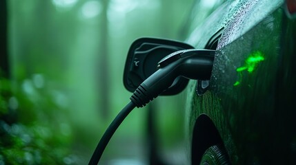 EV Charge Port with Cable — Rain on Car Surface
