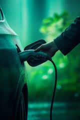 EV Charging at Home Driveway — Hand and Cable
