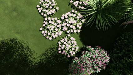 3d image of the landscape design of the home territory. Landscaping of the territory. Computer visualization of composite landscaping and landscaping solutions.