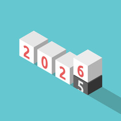 Isometric 2025 blocks going and 2026 coming. New Year, change, time, future, anticipation, countdown and expectation concept. Flat design. EPS 8 vector illustration, no transparency, no gradients