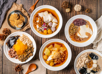 Assorted Taiwanese Dessert Bowls Smooth Grass Jelly, Brown Sugar Orange Ice, Glutinous Rice Cakes, Maltose Peanut Pudding, Pearl Milk Tea with Tofu Pudding, Smooth almond tofu