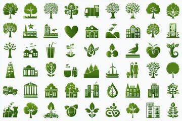 Collection of ecological elements in the studio displayed in rows, including trees, houses, vehicles, and solar panels