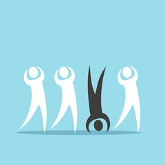 Unique creative optimistic or crazy man upside down among pessimistic despaired. Stress, imagination, calmness, genius, creativity, joy and positive concept. Flat design. EPS 8 vector illustration