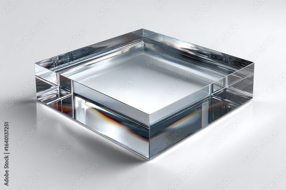 Poster crystal clear rectangle prism block standing on light grey surface with reflections and refraction s