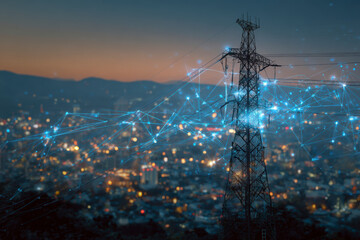 Powering the Future: Electricity pylon transmits energy across a cityscape with glowing data connections.
