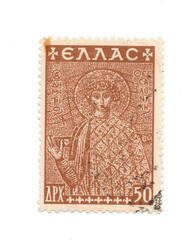 A vintage postage stamp from Greece isolated on a white background.