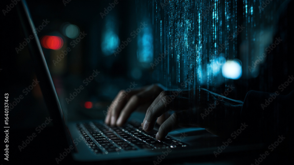 Poster darkened scene of hands on a laptop keyboard, with abstract blue digital light streams suggesting da