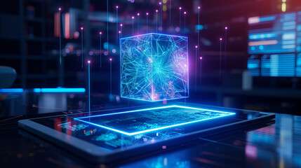 Futuristic holographic cube emerging from digital tablet.
