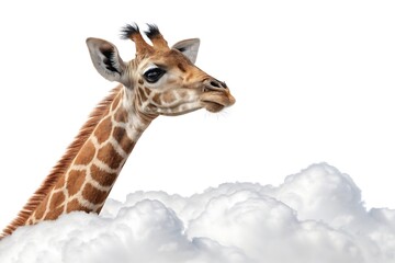 Obraz premium Adorable baby giraffe peeking out from fluffy white clouds against a bright white background
