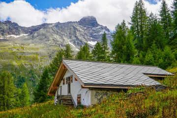 Saas-Fee Alpine Chalet in Summer Mountain Landscape