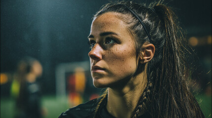 A close up shot of a female soccer player with a determined look on her face during an evening game