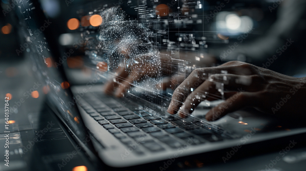 Poster closeup of hands typing on a laptop with glowing digital data particles flowing around