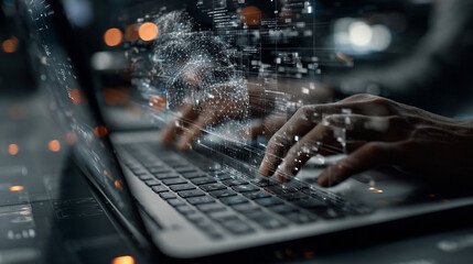 Closeup of hands typing on a laptop with glowing digital data particles flowing around