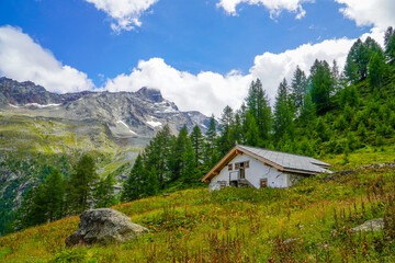 Saas-Fee Alpine Chalet in Summer Mountain Landscape