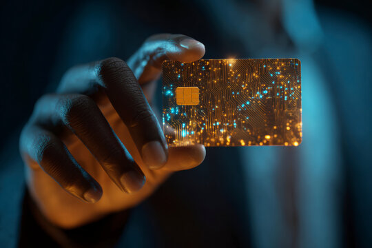 Person holding a digital payment card displaying a circuit board design with blue and orange lights.