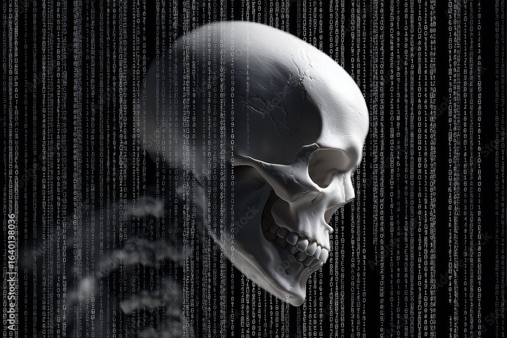 Poster a conceptual image of a skull against a background of binary code, symbolizing technology and death
