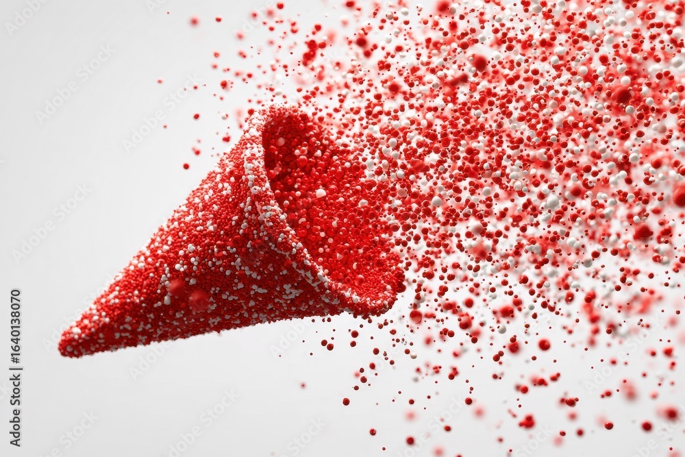 Poster red and white sphere particles forming ring shape isolated on white surface with reflection for abst