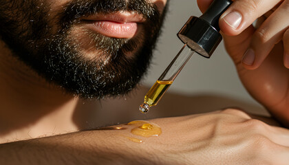 Man applying beard oil dropper on hand for grooming routine  