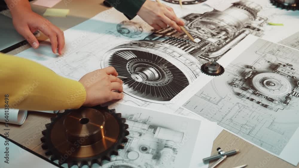 Poster engineers collaborate in a workshop environment, examining technical drawings and mechanical compone