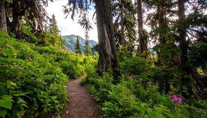 Fototapeta premium Forested mountain trail winding through lush vegetation.