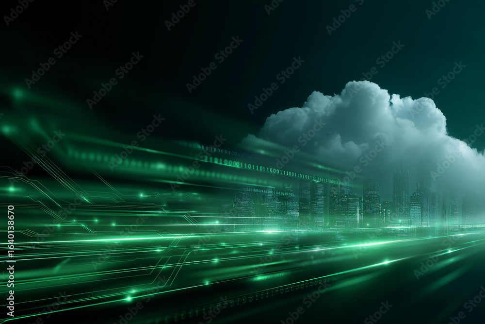 Poster cloud data technology concept. the visual conveys the idea of digital data streaming to cloud