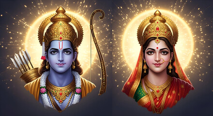 Fototapeta premium Rama and Sita with golden halo in divine portrait