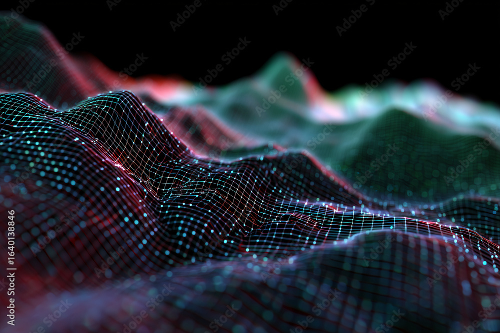 Poster abstract digital landscape with interconnected dots and vibrant colors, evokes a sense of technology