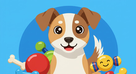 Obraz premium Cartoon dog with toys on a blue circular background image