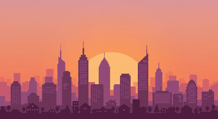 Fototapeta premium City skyline silhouette at sunset with orange sky backdrop