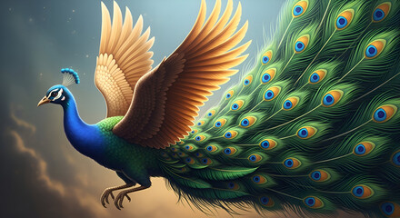 Fototapeta premium A majestic peacock with golden wings in flight