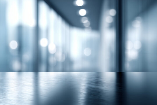 Modern and minimalist office hallway bathed in cool, diffused light, creating a sense of spaciousness and tranquility. The reflections on the polished floor enhance the contemporary aesthetic.