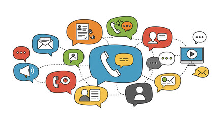 Communication icons in speech bubbles connected with lines