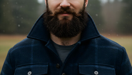 Obraz premium Bearded man wearing in flannel coat outdoors in a forest setting 