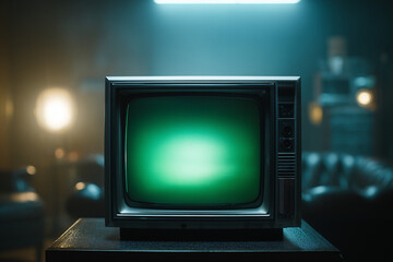 A retro television set with a glowing green screen