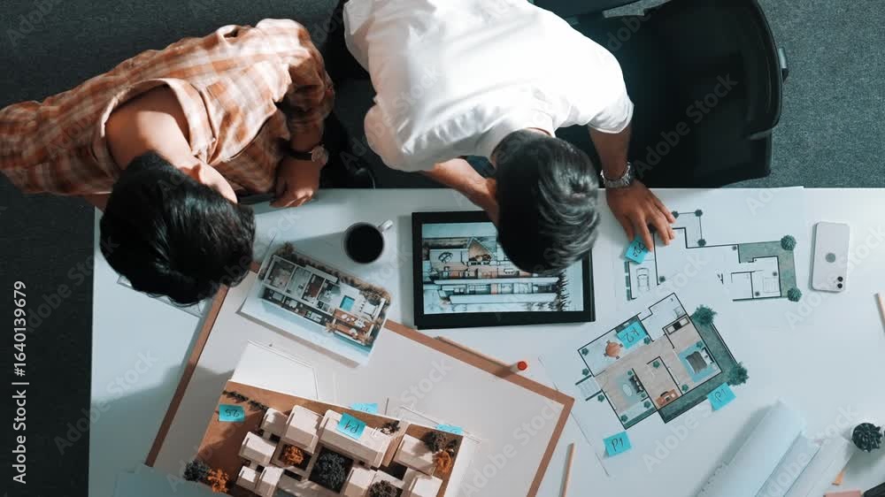 Poster top view of business man working together to design house. aerial view of architect engineer looking