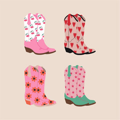 Set of cowboy boots with different ornaments. Wild West fashion style. Cartoon flat illustrations. Hand drawn vector set