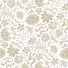 Paisley floral pattern, abstraction, swirl flowers, white and beige colors. Seamless floral pattern-812.