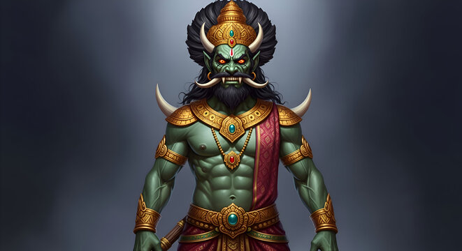 Demon king Ravana with ten heads and weapons