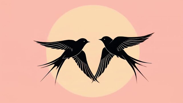 Two birds in flight against pastel sun