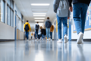 Students walking down the school hallway. The scene evokes a sense of community and education