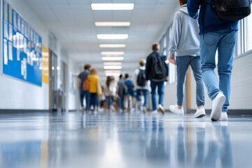 School corridor bustling with students, a vivid illustration of youthful energy and the rhythm of school life. The soft focus enhances the sense of motion
